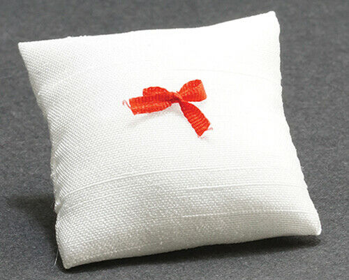 Dollhouse Miniature Christmas Pillow, White with Red Bow