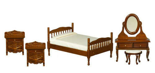Dollhouse Miniature Double Bed Set in Walnut