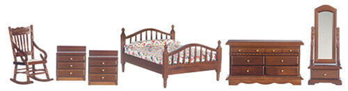 Dollhouse Miniature Master Bedroom Set 6 Pieces Walnut