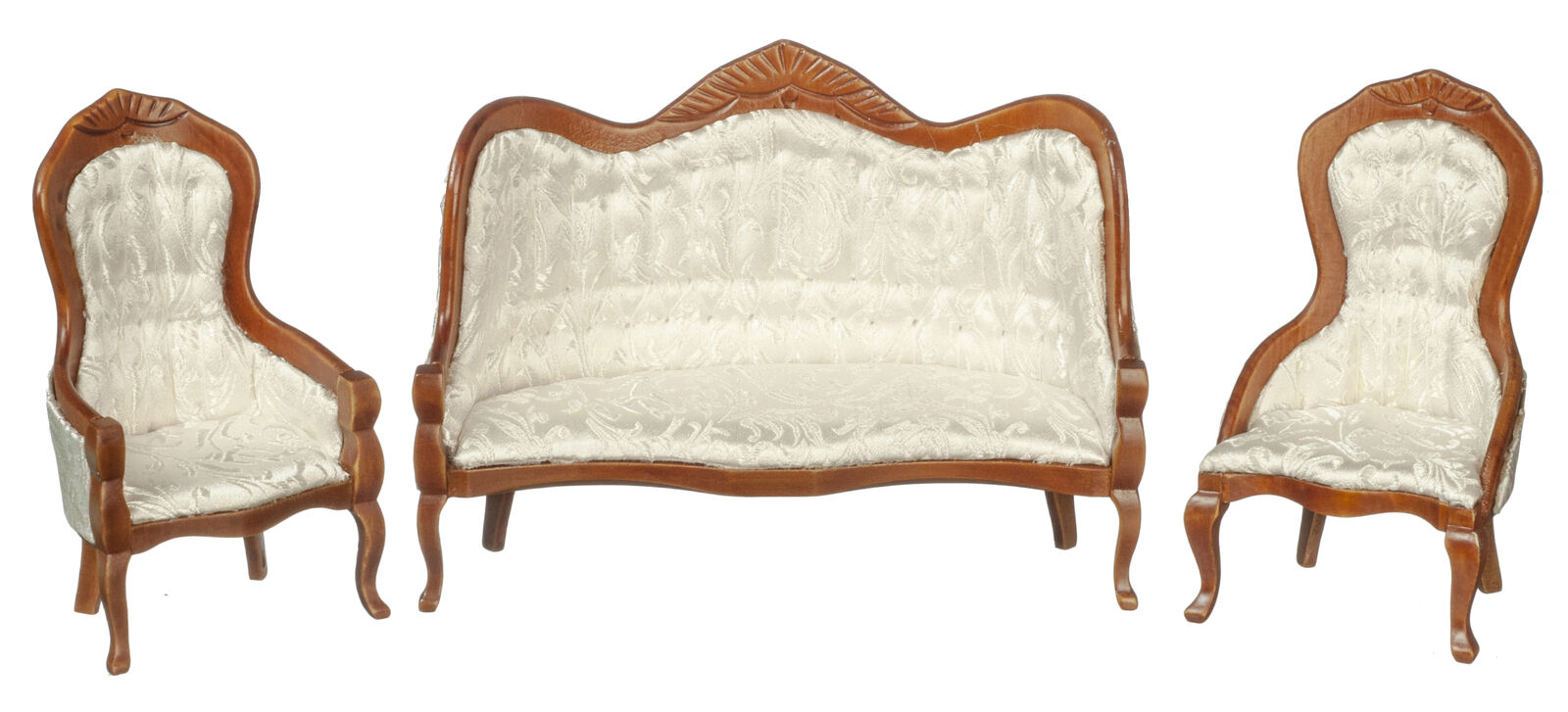 Dollhouse Miniature Victorian Living Room Set of 3 White and Walnut