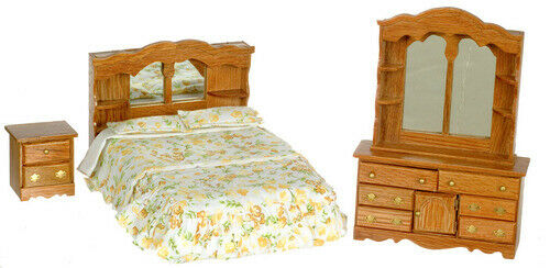 Dollhouse Miniature Double Bed Set Dark Oak