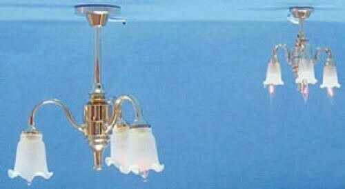 Dollhouse Miniature 3-Down Arm Frosted Tulip Shade Chandelier - Electric 12V