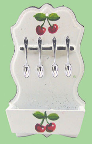 Dollhouse Miniature Spoon Rack & 4 Spoons in Cherry Design