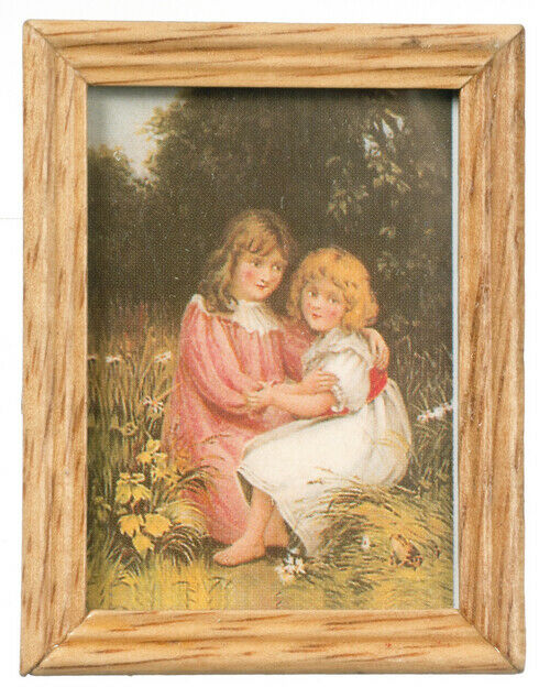 Dollhouse Miniature Picture 2 Girls Oak Frame