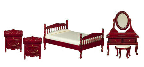 Dollhouse Miniature Double Bed Set in Mahogany