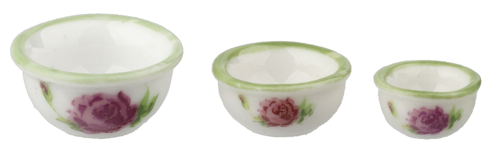 Dollhouse Miniature Set of 3 Nesting Bowls, Rose Pattern