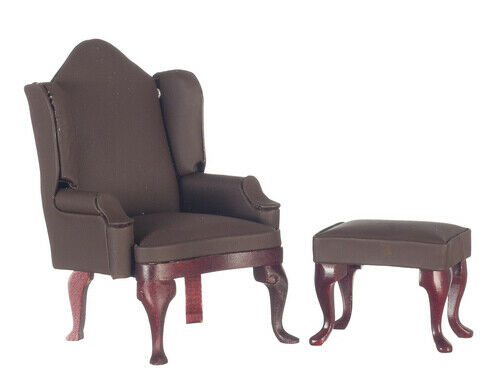 Dollhouse Miniature Wing Chair with Ottoman Brown