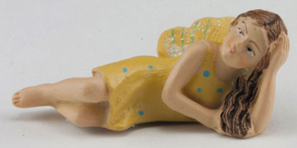 Dollhouse Miniature Fairy, Lying on Side, Yellow Dress w Blue Polka Dots