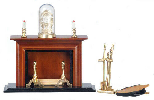 Dollhouse Miniature Walnut Fireplace Set of 7