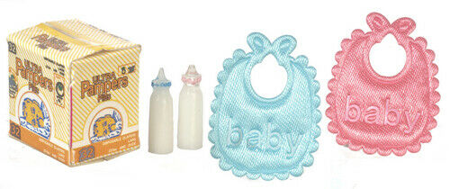 Dollhouse Miniature Diaper Box, Bottles, Bibs Set of 5