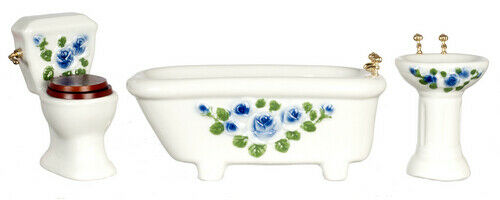 Dollhouse MIniature Blue Floral Bath Set