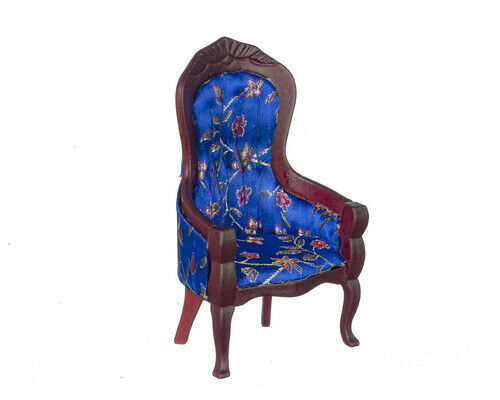 Dollhouse Miniature Victorian Gentleman's Chair Blue Floral Mahogany