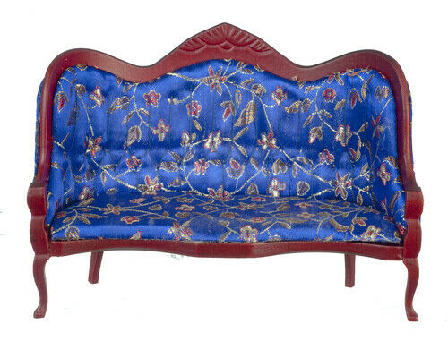 Dollhouse Miniature Victorian Sofa Blue Floral Mahogany