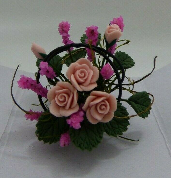 Dollhouse Miniature Pink Roses in Wire basket