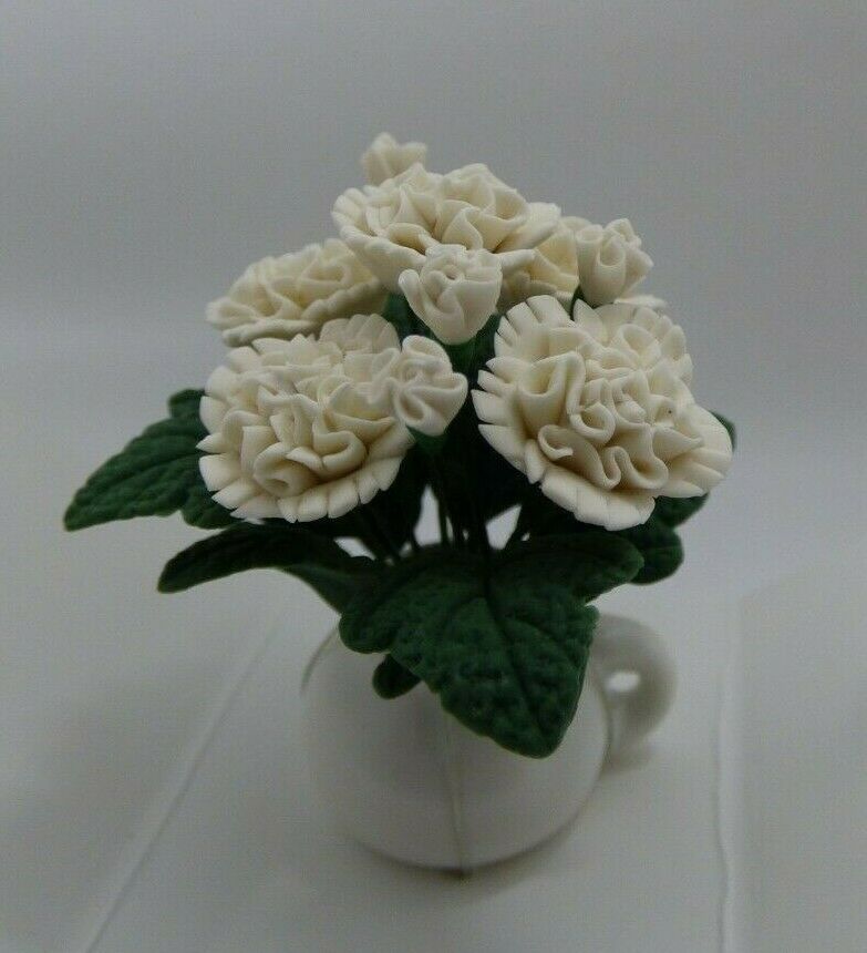 Dollhouse Miniature White Carnations in White Terra Cotta Pot