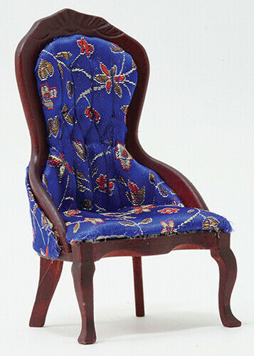 Dollhouse Miniature Victorian Lady's Chair Blue Floral Mahogany