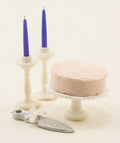 Dollhouse Miniature Cake on Stand with 2 Candlesticks