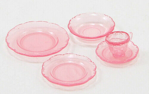Dollhouse Miniature Depression Dish Set, 5 Piece, Pink