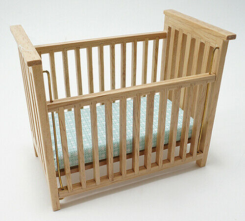 Dollhouse Miniature Slatted Crib, Oak with Blue Pattern Fabric