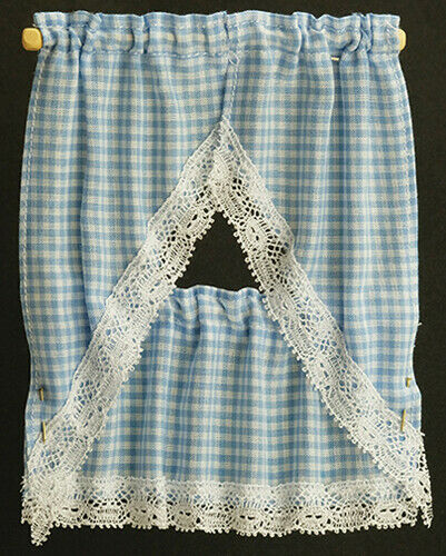 Dollhouse Miniature Kitchen Curtains Gingham Blue