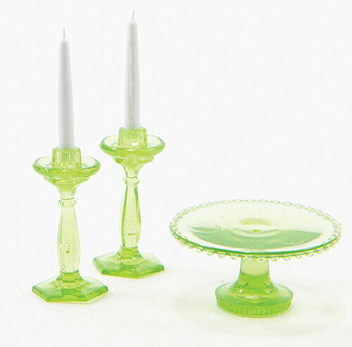 Dollhouse Miniature Green Cake Plate with Two Candlesticks