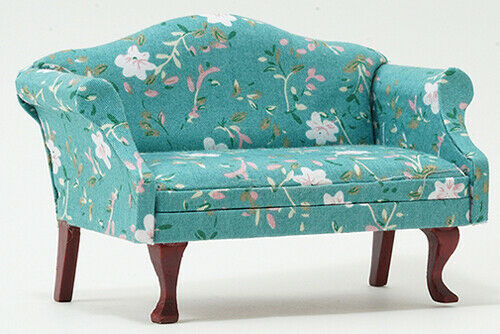 Dollhouse Miniature Sofa, Mahogany with Turquoise Fabric