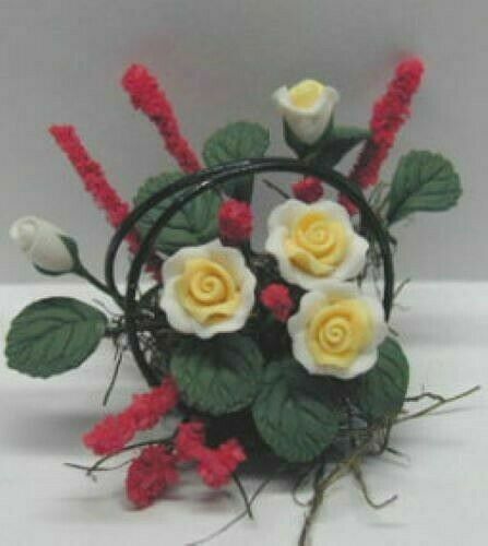 Dollhouse Miniature White Roses in Wire Basket
