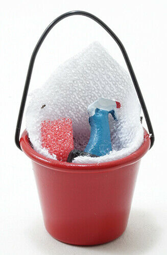 Dollhouse Miniature Soap Bucket with Scrub Brush, Cleaner and Sponge