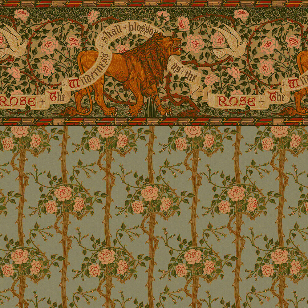Bradbury and Bradbury Dollhouse Wallpaper - Lion & Dove Frieze w/Briar Wall
