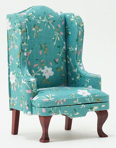 Dollhouse Miniature Chair, Mahogany with Turquoise Fabric