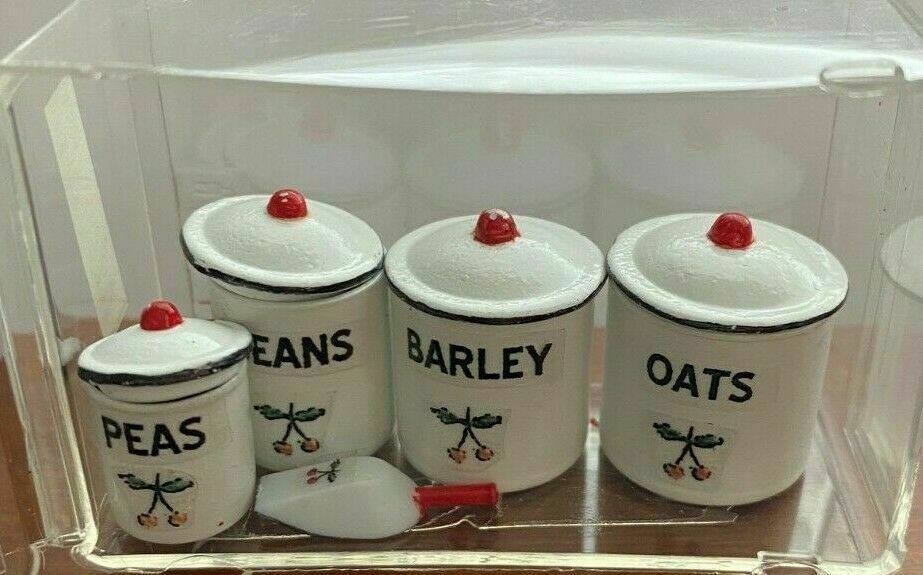 Dollhouse Miniature Cherry on Oats, Barley, Beans, Tea Canister Set w/ Scoop
