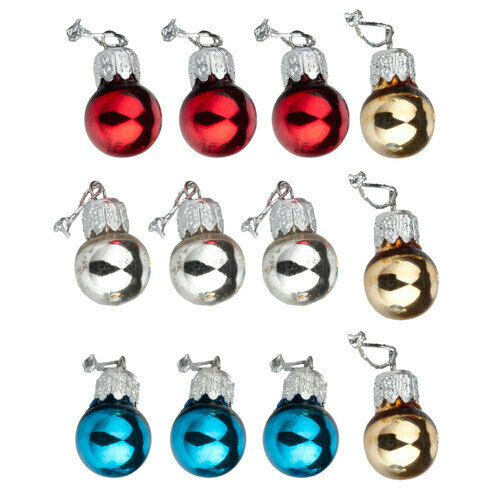 Dollhouse Miniature Set of 12 Red, Silver, Gold, Blue Christmas Ornaments