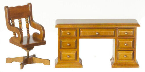 Dollhouse Miniature Walnut Desk and Chair Set