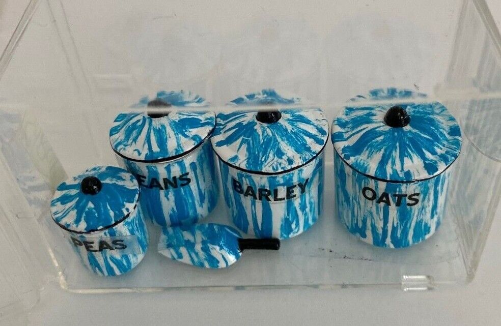 Dollhouse Miniature Oats, Barley, Beans, Tea Canister Set Flow Blue