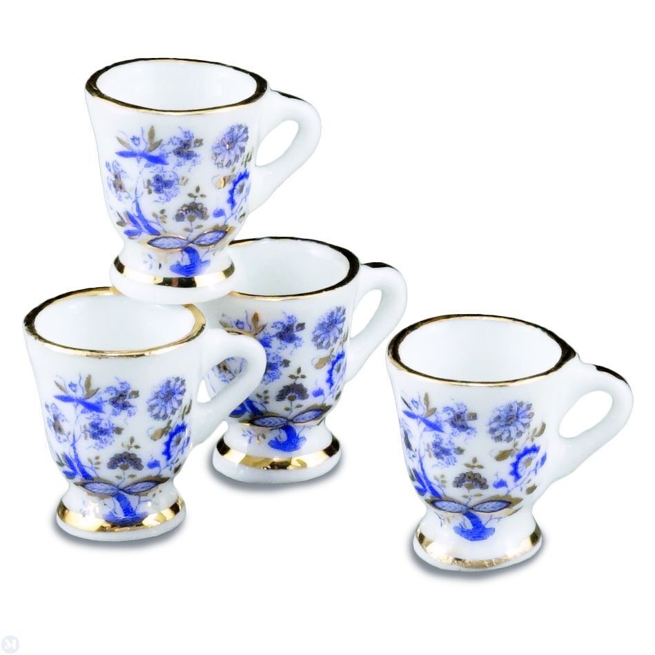 Reutter Porcelain - Dollhouse Miniature Blue and Gold Mugs Set of 4