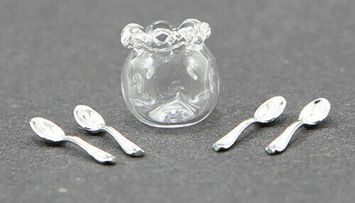 Chrysnbon Glass Spooner with 4 Teaspoons -  Dollhouse Miniature
