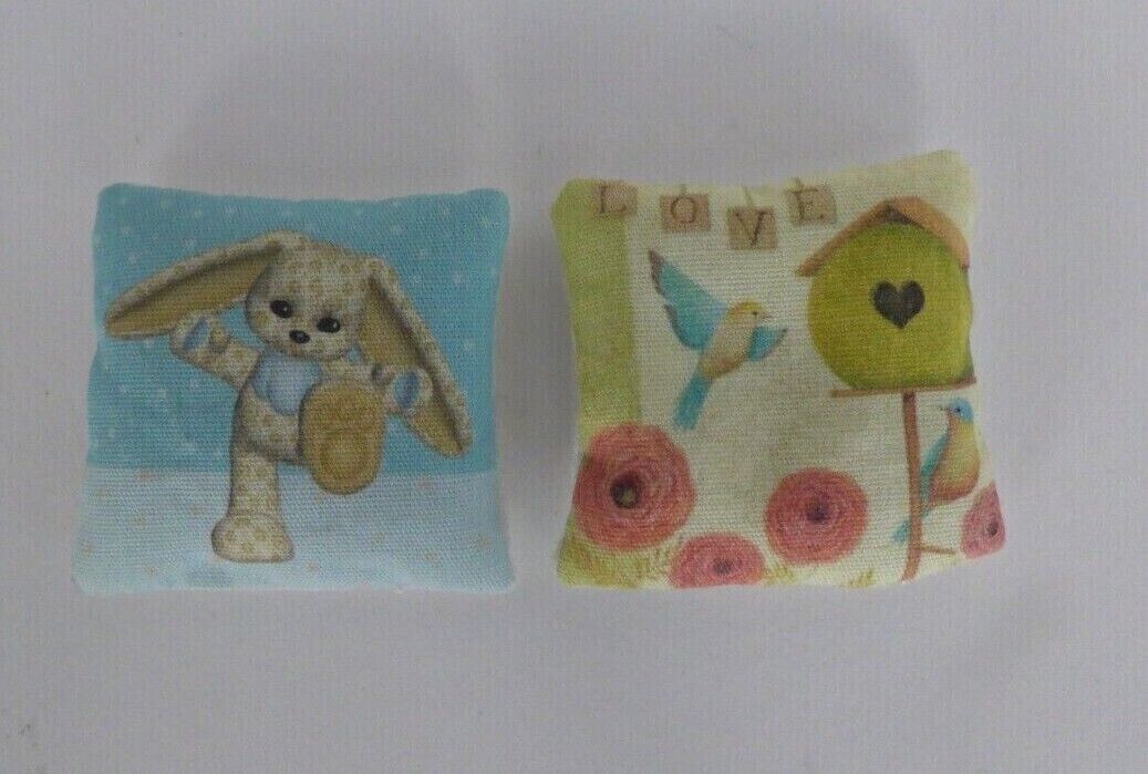 Dollhouse Miniature Set of 2 Pillows Handcrafted - Bunny, Birdhouse