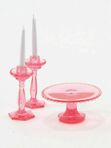 Dollhouse Miniature Pink Cake Plate with Two Candlesticks