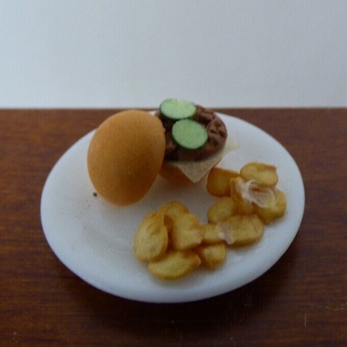 Handcrafted Dollhouse Miniature Hamburger on Ceramic Plate