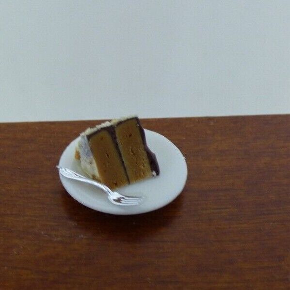 Handcrafted Dollhouse Miniature Chocolate Cake Slice on Plate