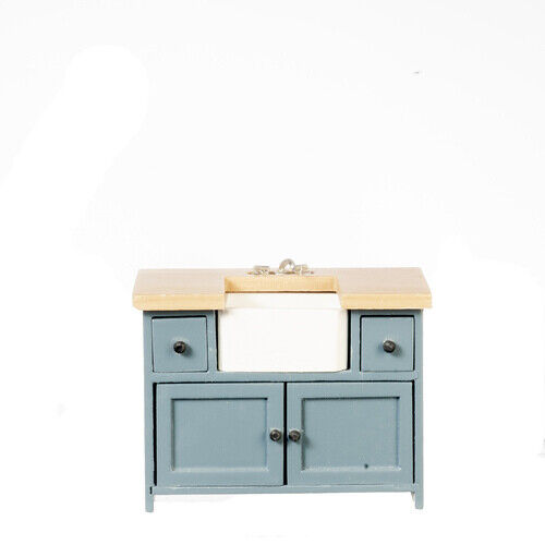 Dollhouse Miniature Small Kitchen Sink in Blue and Oak