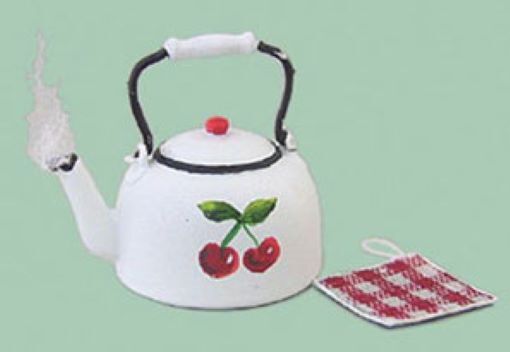 Dollhouse Miniature Teakettle with Cherries and Potholder