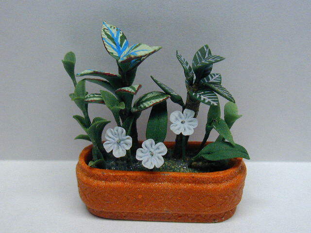 Dollhouse Miniature Blue Daisies/Tropical Plant in Oblong Terra Cotta Planter