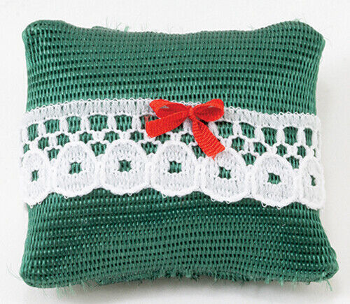 Dollhouse Miniature Christmas Pillow, Green with Red Bow