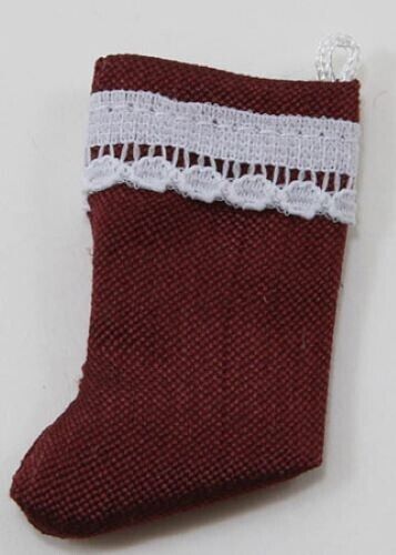 Dollhouse Miniature Christmas Stocking, Burgundy with White Lace