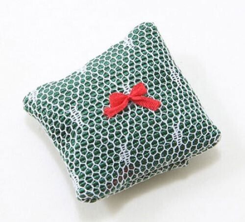 Dollhouse Miniature Christmas Pillow, Lace Over Green Fabric
