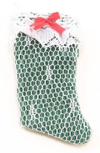 Dollhouse Miniature Christmas Stocking, Lace Over Green Fabric