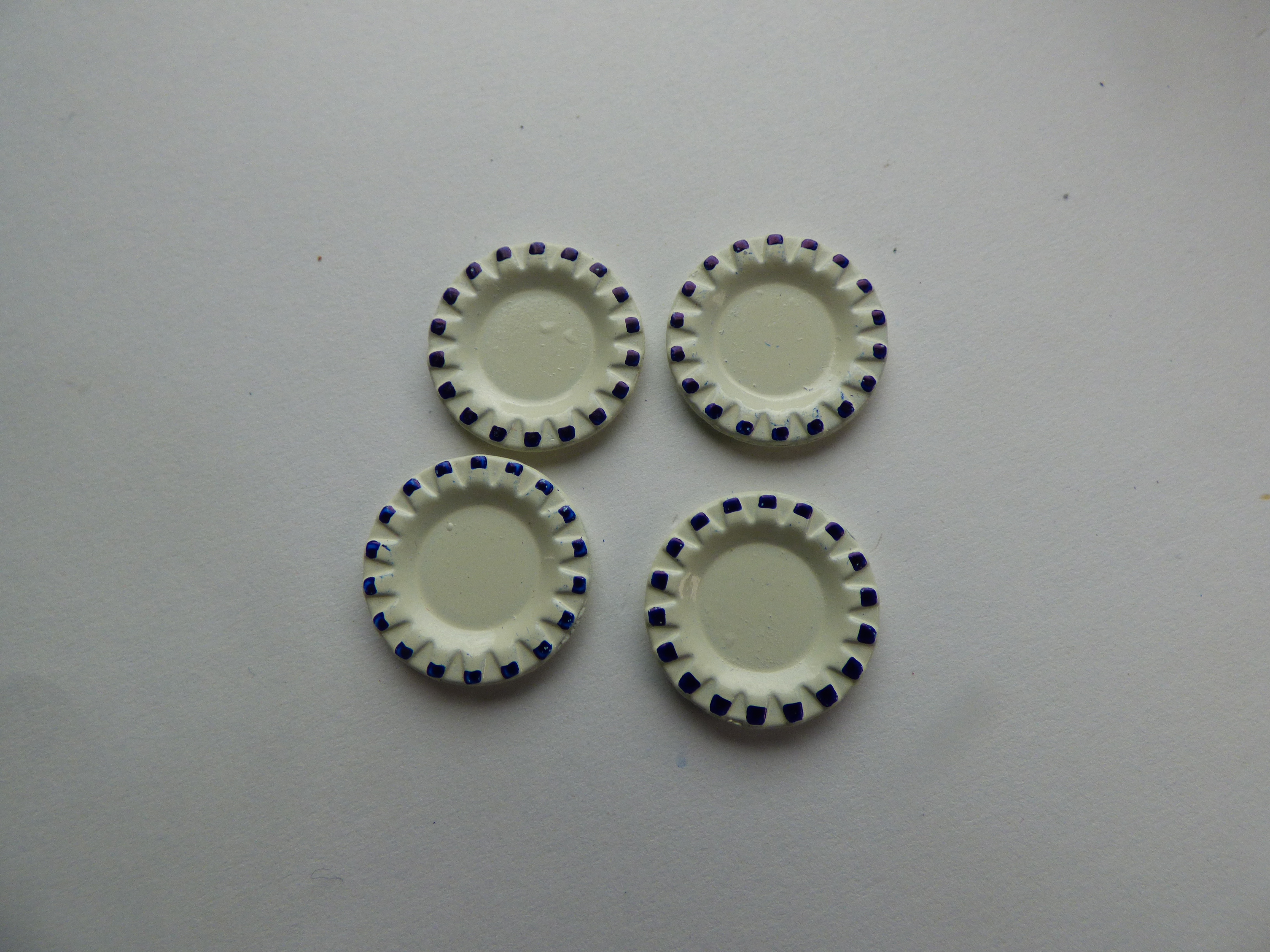 Dollhouse Miniature Set of 4 White Dishes with Blue Dots