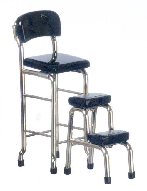 Dollhouse Miniature Kitchen Stool with Steps - Black