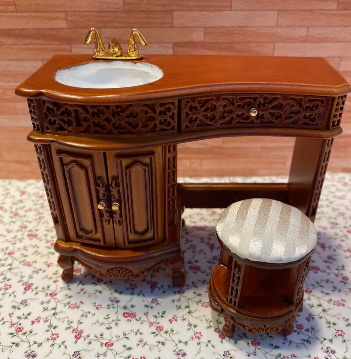 Dollhouse Miniature Walnut Avalon Sink with Stool from the Platinum Collection